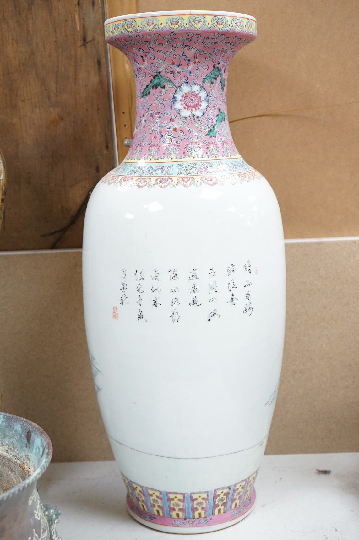 A large Chinese famille rose figurative baluster vase, 63cm high. Condition - fair